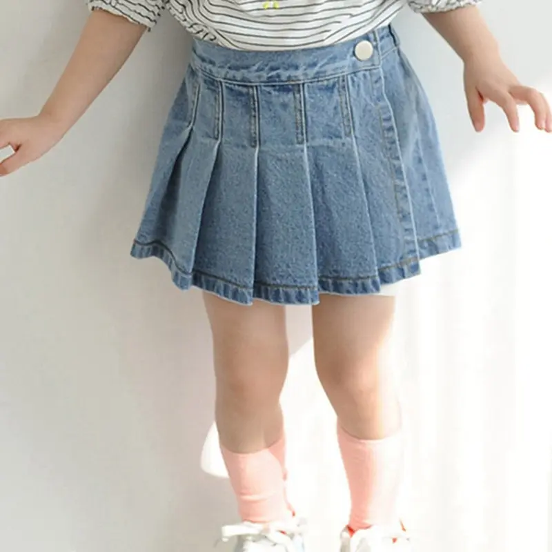 2022 어린이 한국어 패션 고품질 여자 아기 데님 청바지 미니 하프 주름 반바지 스커트