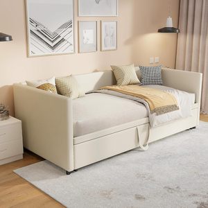 Sofá <span class=keywords><strong>Cama</strong></span> Convertible 3 en 1 Tapizado con <span class=keywords><strong>Cama</strong></span> <span class=keywords><strong>Nido</strong></span> Extraíble, Estructura Moderna con <span class=keywords><strong>Cama</strong></span> Extraíble de Altura Ajustable, Color Crema Beige - Product Image 1