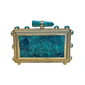 Pochette de soirée de luxe en malachite, en laiton doré, faite à la main, de créateur, pour mariage et mariée - Product Image 1