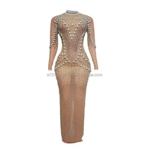 Melon And Fruit Skin Tone Mesh Tight Fitting Sexy Pearl Water Diamond Slimming Sexy Nightclub Bar Performance Costumes