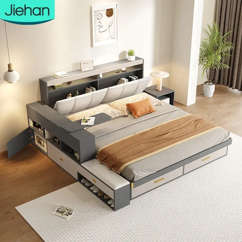 Мебель для спальни, лидер продаж, роскошная двуспальная кровать размера «king-size», современный дизайн, деревянный каркас, кожаная двуспальная кровать для взрослых с ящиком для хранения