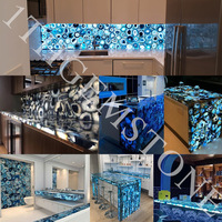 Comptoir de bar en pierre translucide Agate bleue naturelle personnalisée à rétroéclairage circulaire