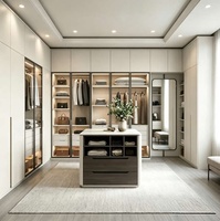Armoire murale en bois sur mesure de luxe, dressing ouvert avec vitrine en verre et éclairage LED pour chambre à coucher et dressing