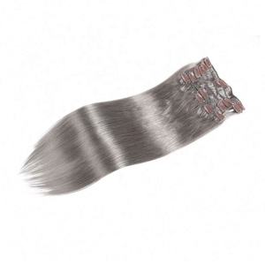 Vente en gros d'usine, extensions de cheveux humains à clips, personnalisées, bouclées/ondulées, soyeuses, droites, 150 grammes, lot de 7 pièces, double trame, couleur gris - Product Image 3