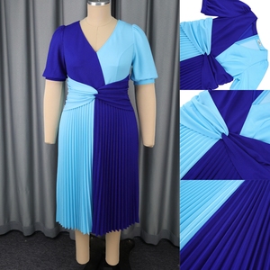 657 à la mode élégant col en V à manches courtes Patchwork torsion taille bleu une ligne plissée grande taille Midi formel femmes tenue décontractée - Product Image 4