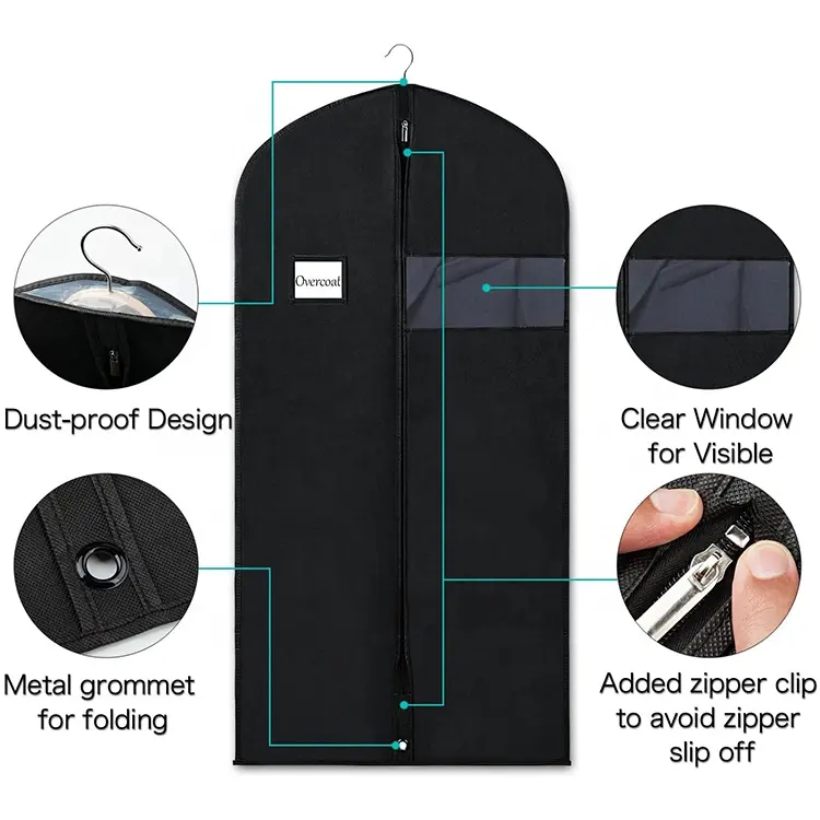 Copertura indumento abito borsone Non tessuto pieghevole nero copertura Logo personalizzato poliestere appeso riutilizzabile borsa indumento
