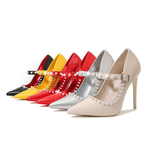 Nouveautés 2024 Femme Talons 12CM Mary Jane Chaussures pour Femmes En <span class=keywords><strong>Cuir</strong></span> <span class=keywords><strong>Mat</strong></span> Pompes Boucle Sangle Chaussures Perle Talons Hauts pour W - Product Image 1