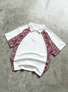 Men's <b>White</b> <b>Polo</b> Shirt With Pink Leopard Print Raglan Sleeves Casual Contrast Trim Knitted Regular Fit - Product Image 1