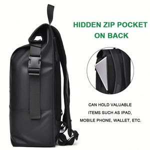 Sac à dos décontracté pour homme, nouveau style, en cuir PU imperméable, avec fermeture roll-top, idéal pour l'école, l'université, les voyages et le sport, avec compartiment pour ordinateur portable - Product Image 2