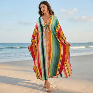 Vestido Maxi Kaftan con Cuello en V, Estampado a Rayas, Manga con Volantes, Corte Regular, Transpirable, Tejido, Estilo Playero de Verano - Product Image 3