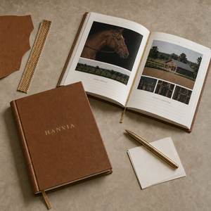 Catalogue personnalisé du club équestre et de chevaux arabes de race, format A4, couverture rigide, texture cuir brun, gaufrage doré, brochure - Product Image 2