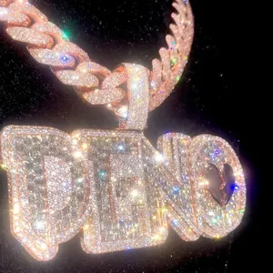 Deno Hip Hop Customized Moissanite Chain Pendant Logo Manufacture 925 Silver Letter Name 18k Gold Diamond Cz Custom Pendant