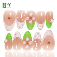 Faux ongles à presser faits main, vert French Tip, pré-conçus, style féerique, personnalisables, courts, en gelée, avec fleurs 3D en gel pour nail art