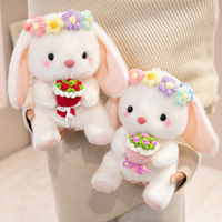 Peluche Lapin à Oreilles Tombantes avec Couronne de Fleurs, Adorable Lapin Blanc en Peluche avec Bouquet pour Décoration d'Anniversaire Enfant, Cadeau