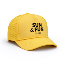 Casquette de baseball unisexe en toile perforée à séchage rapide, 6 panneaux, visière incurvée, fermeture snapback, lettrage imprimé 3D, jaune vif, 100 % polyester