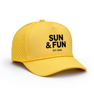Gorra de Béisbol de Lona de 6 Paneles, Perforada, de Secado Rápido, Unisex, con Visera Curva, Cierre a Presión, Letras Impresas en 3D, Amarillo Brillante, 100% Poliéster - Product Image 4