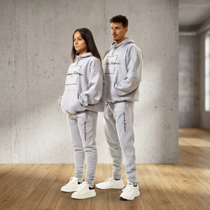 Survêtement à capuche gris en coton pour hommes et femmes, manches longues, taille élastique, couleur unie, respirant, coupe décontractée - Product Image 2