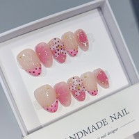 Lot de 10 faux ongles amande roses mignons faits à la main, motif pois et fleurs, à presser, style adorable