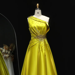 Vestido de Noche Amarillo Jancember XD049, Vestido de Fiesta con un Hombro Descubierto, Adornado con Cuentas, Corte en A, para Celebraciones, Galas, Cócteles y Fiestas - Product Image 4