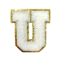 Patch en tissu adhésif en chenille brodé, personnalisable, en stock, 5,5 cm, blanc avec bordure dorée, 26 lettres, pour accessoires de sac