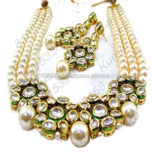 Cocktail Party Wear Meisjesachtig Gown Designer Fijne Kundan Steen Parel Gouden Kralen Kunstmatige Lange Laatste Prom Mode Ketting Set