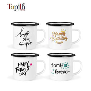 Tazas de Esmalte Blancas para Sublimación de 12 oz con Borde Negro, <span class=keywords><strong>Precio</strong></span> Directo de Fábrica Topjlh, Logotipo Personalizado para Cocina, Venta al por Mayor, Camping - Product Image 4