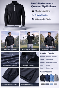 ผู้ผลิตเสื้อผ้าแบบกำหนดเอง Sportwear Design เสื้อกอล์ฟแบบสวมหัวคอซิป ¼ ซิป ผ้าถักสีดำ แห้งเร็ว คุณภาพสูง หรูหรา - Product Image 2