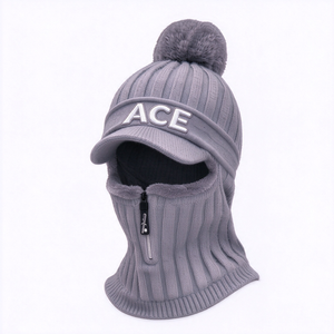 ACE <b>Pom</b> <b>Pom</b> Brim Beanie <b>Hat</b> with Brim Rib Knit <b>Hat</b> Fleece Lined Zipper Neck Warmer Face Cover Outdoor Ski Cycling - Product Image 2