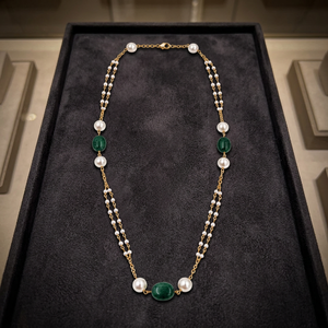 Custom Rhodium Plated <b>Necklace</b> Agate Emerald <b>Green</b> Oval <b>Bead</b> Double Strand Freshwater Pearl Station Cable Chain Women Gift - Product Image 4