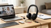 Casque filaire supra-auriculaire léger avec micro boom, double prise jack 3,5 mm, suppression du bruit ENC, étanche IPX-7, câble de 2 m pour étudiant