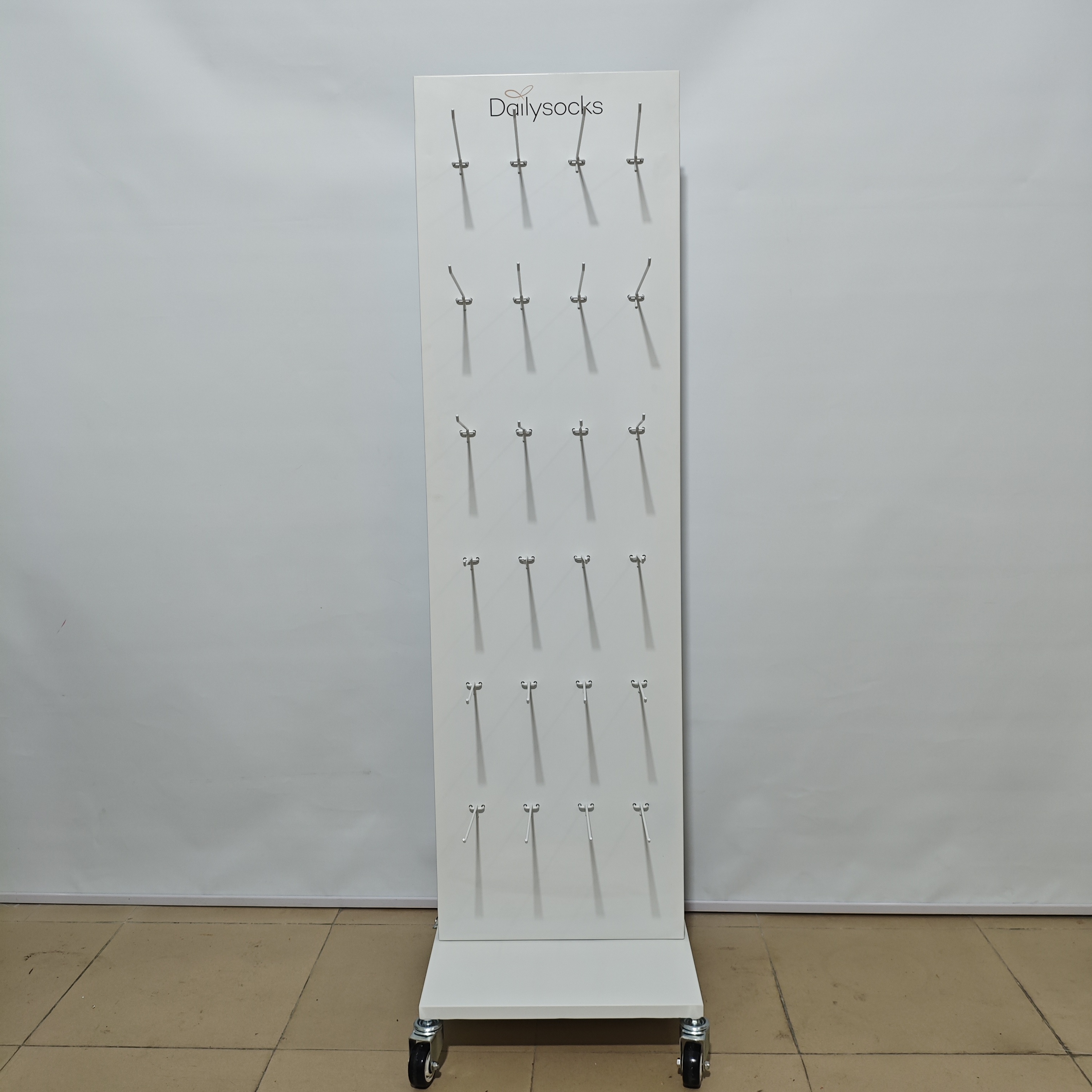 Metal Peg Board Floor Standing Advertising Display Stand Double-side Detachable Racks with Long Hooks Castor for Retail Shops — view 5