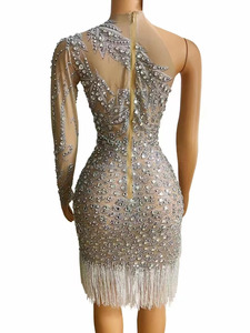Gaun Cocktail Putri Duyung Kristal Manik-manik Mewah Gaun Pesta <span class=keywords><strong>Prom</strong></span> Berlian Imitasi Elegan Gaun Selebriti Pendek Tembus Pandang Tanpa Lengan - Product Image 4