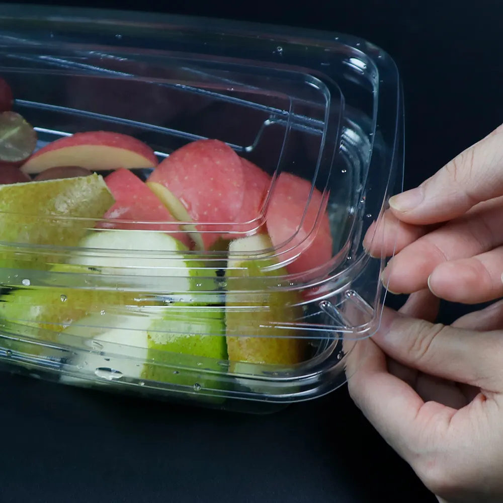 Deli usa e getta da asporto rettangolo rpet scatola imballaggio insalata di frutta plastica trasparente imballaggio contenitore di frutta tagliata fresca con coperchio