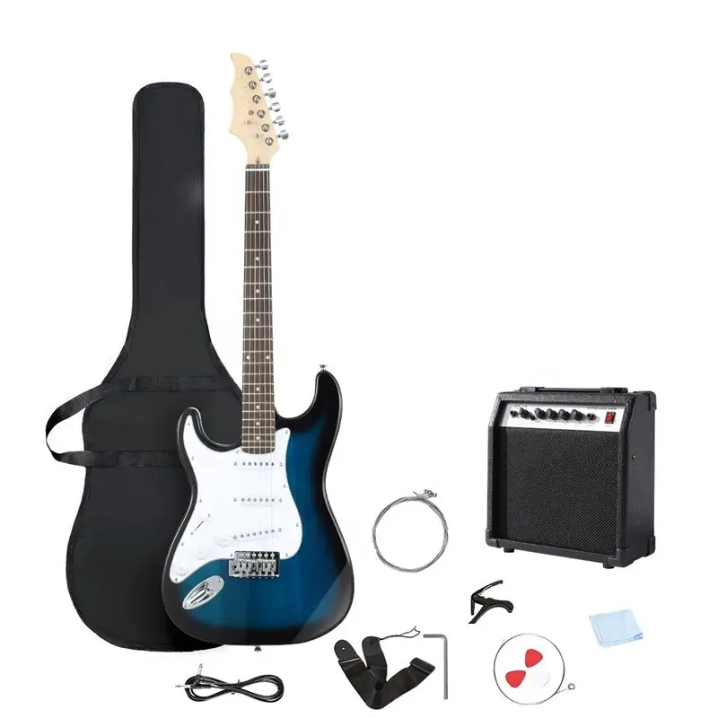 Huasheng 39 Inch Electric Guitar Left-Hand Full Size Beginner's Musical Instrument Kit with 25 Watt Amplifier RIPPLE BLUE