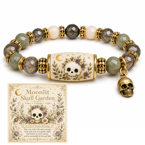 Bracciale Elastico con Perline Teschio da Giardino, Bracciale con Perline Tubolari Stampate a Teschio Floreale e Ciondolo Teschio Vintage, Gioielli Gotici Boho, Regalo - Product Image 1