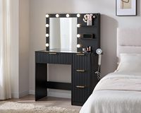 Coiffeuse en bois sur mesure avec miroir LED réglable, 4 tiroirs, plateau en verre et station de charge pour chambre à coucher