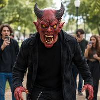 Masque d'horreur en latex de démon cornu rouge, masque intégral effrayant de diable avec yeux jaunes et dents pointues, costume de fête d'Halloween pour cosplay