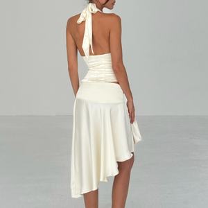 Ensemble 2 pièces élégant en satin pour femme : haut licou et jupe midi fluide asymétrique à volants taille haute - Product Image 2