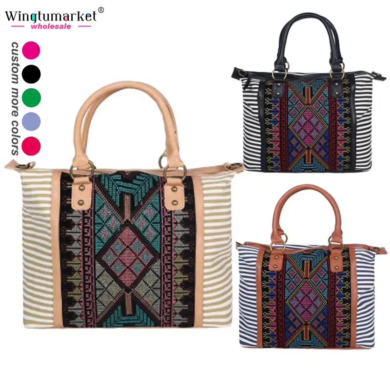 Borse a righe all'ingrosso borse da viaggio da donna weekender aztec western print zip oversize canvas tote bag per le donne