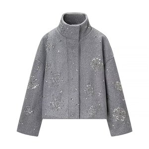 <strong>Women</strong> Stand Collar Dandelion Rhinestone Embellished Cropped <strong>Jacket</strong> Ladies <strong>Sparkly</strong> Crystal Beaded Loose Fit Short Outerwear - Product Image 2