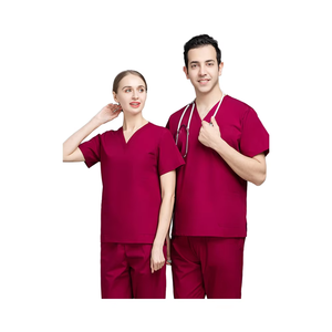 Conjunto de Uniforme Médico Unisex Color Borgoña para Hospital con Parte Superior de Corte Clásico y Pantalones Rectos, 65% Poliéster, 35% Algodón - Product Image 1