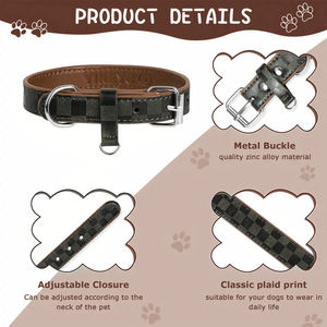Collar de perro de cuero suave para perros pequeños y medianos Durable ajustable a prueba de olores PU Plaid collares para mascotas con a prueba de óxido - Product Image 5
