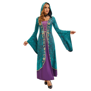 Vestido con Capucha Estilo Gitano para Mujer, Manga Larga con Volantes, Color Morado y Verde Azulado, Disfraz Elegante, Disfraz de Bruja para Halloween - Product Image 4
