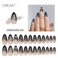 Faux ongles en gel souple noirs à pointe française Halloween, forme amande/stiletto moyenne, design dégradé noir, ongles à coller, style gothique