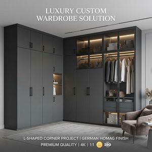Armadio Angolare di Lusso <span class=keywords><strong>a</strong></span> L con <span class=keywords><strong>Ante</strong></span> in Vetro Grigio Opaco e LED, Sistema Personalizzato per Cabina Armadio - Product Image 1