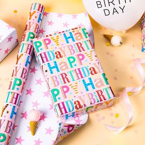 Pink Birthday Wrapping Paper Roll 17in x 16.5ft Double Sided Colorful Letters Stars Reversible Gift <b>Wrap</b> - Product Image 5