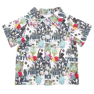 패션 새로운 0-16 년 서양 Punchy 소년 짧은 소매 버튼 탑 카우보이 인쇄 키즈 버튼 셔츠