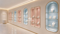 Vitrine de présentation de bijoux ronde en verre sur mesure avec cadre doré, armoire de présentation de bijoux personnalisée pour boutique de détail