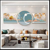 Tableau mural paysage de montagne en trois parties, panneaux en aluminium cristal doré et bleu pour salon, hôtel, intérieurs modernes