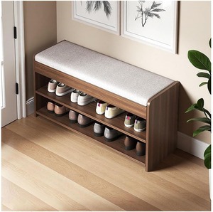 Banc en bois <span class=keywords><strong>avec</strong></span> coussin et tiroir dissimulé, meuble <span class=keywords><strong>d</strong></span>'<span class=keywords><strong>entrée</strong></span> à 2 niveaux <span class=keywords><strong>avec</strong></span> coussin, étagère à chaussures en bois massif de style mid-century, mobilier moderne pour la maison - Product Image 1